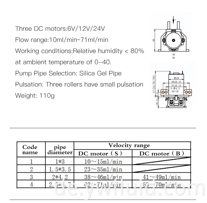 YWfluid 12V DC-Motor-Soem-Peristaltik-Dosierpumpe mit einer Durchflussrate von 70 ml/min
